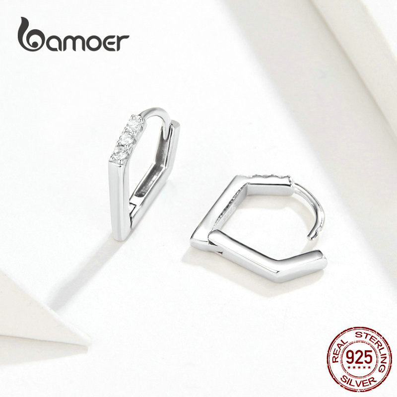 bamoer V Shape Hoop Earrings Hiphop Silver Earrings for Women Men Authentic 925 Sterling Silver Punk Fashion Jewelry BSE162