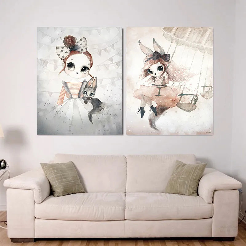 Home Decor Nordic Canvas Painting Wall Art Rabbit Girl Animal Abstract Watercolor Print Kid Bedroom Living Room Poster Picture