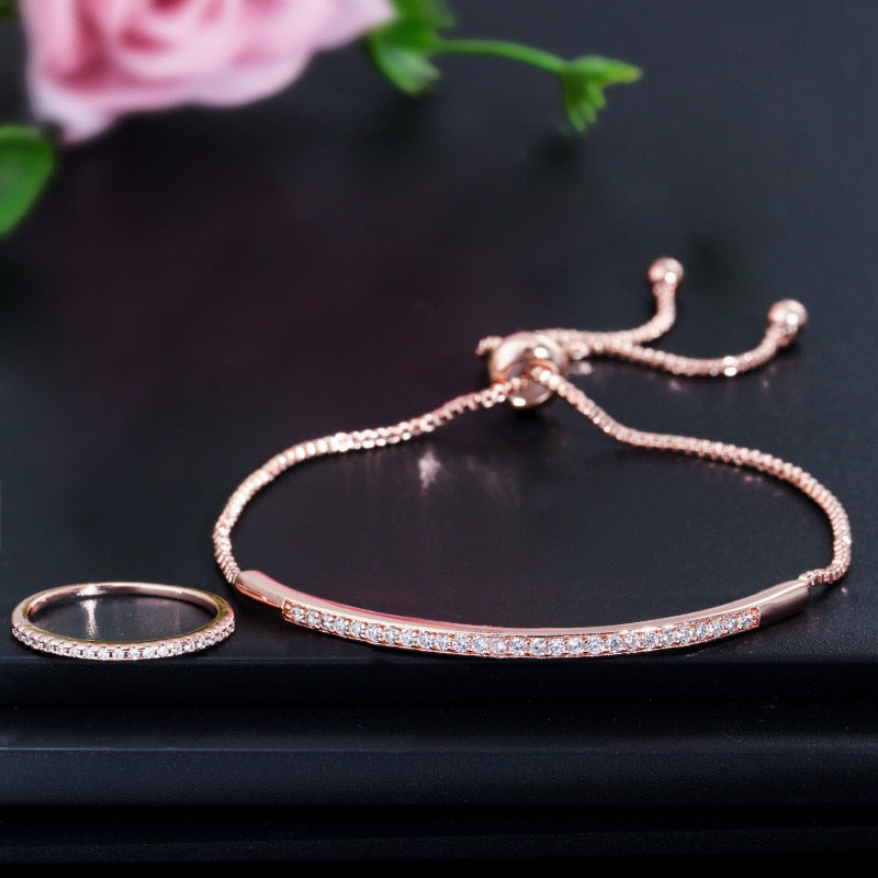 CWWZircons Simple Fashion Brand Ladies Jewelry Rose Gold Color Bar Cubic Zirconia Ring and Bracelet Sets for Women T332