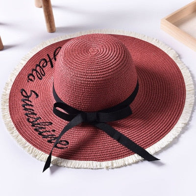 Handmade Weave letter Sun Hats For Women Black Ribbon Lace Up Large Brim Straw Hat Outdoor Beach hat Summer Caps Chapeu Feminino