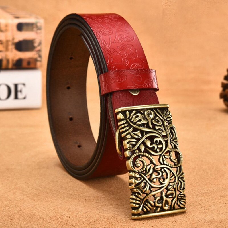 COOLERFIRE Genuine Cowskin Leather Belts For Women Carved Design Retro Metal Women Strap Female High Quality Belts LB015