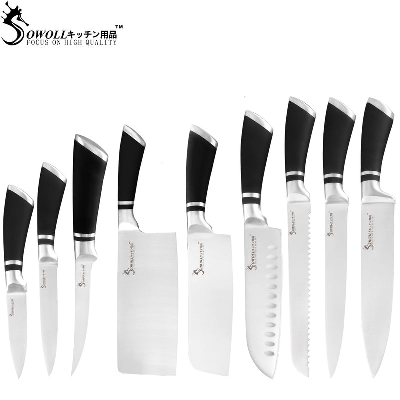 Sowoll 9pcs Stainless Steel Knives Set Non-slip Handle Chef Chopping Boning Cleaver Kitchen Knives Cooking Household Tools