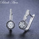 Black Awn 2022 New Vintage Genuine Silver Engagement Hoop Earrings for Women with Black&amp;White Stone Jewelry T001