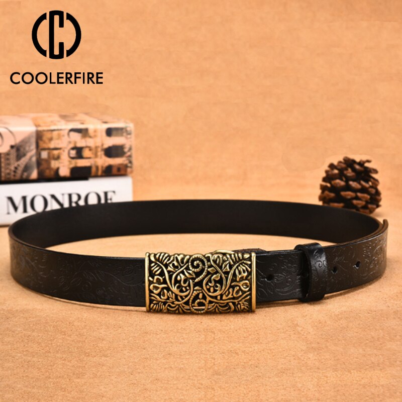 COOLERFIRE Genuine Cowskin Leather Belts For Women Carved Design Retro Metal Women Strap Female High Quality Belts LB015