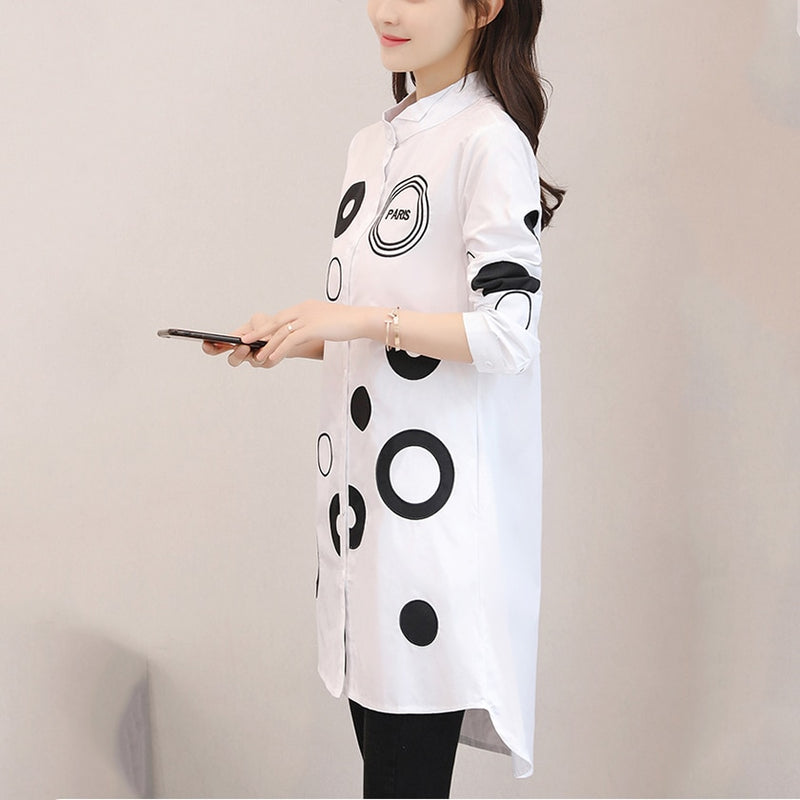 Women Letter Dot Embroidery Long White Blouse Full Sleeve Female Front Short Back Long Shirt Stand Collar 4XL Oversize Top T9642