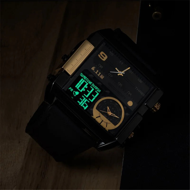 New Design LED Digit Dual Display Men Watches Big Size Square Dial Leather Sport Men's Wristwatches Luxury Brand Watch Male