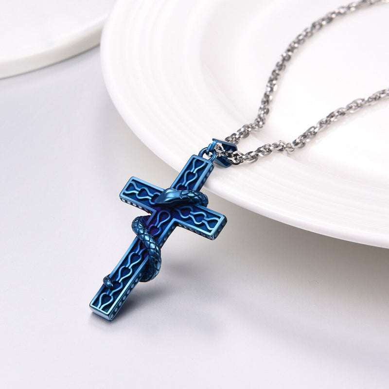 U7 Men 316L Stainless Steel Cross With Snake Pendant Necklaces Punk Gold-Color Animal Men's Chain Necklace Jewelry Gifts P1222