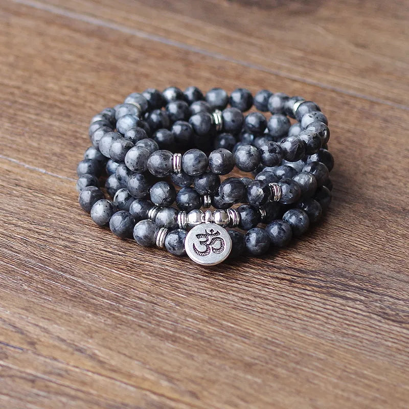 108 mala Labradorite with Lotus OM Buddha Charm Yoga Bracelet or Necklace Natural Stone Jewelry for Women Men