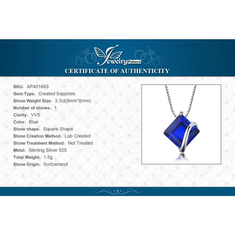 JewelryPalace 3.3ct Square Created Blue Sapphire 925 Sterling Silver Pendant Necklace for Women Gemstone Fine Jewerly No Chain