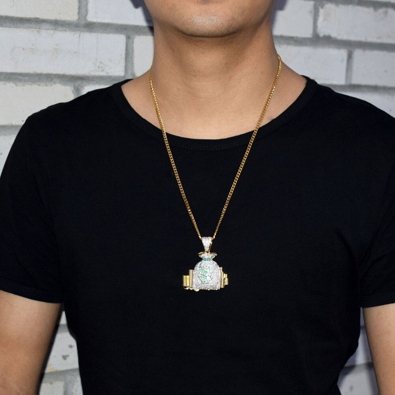 Money Bag Pendant Necklace Gold Color Cubic Zircon Men&