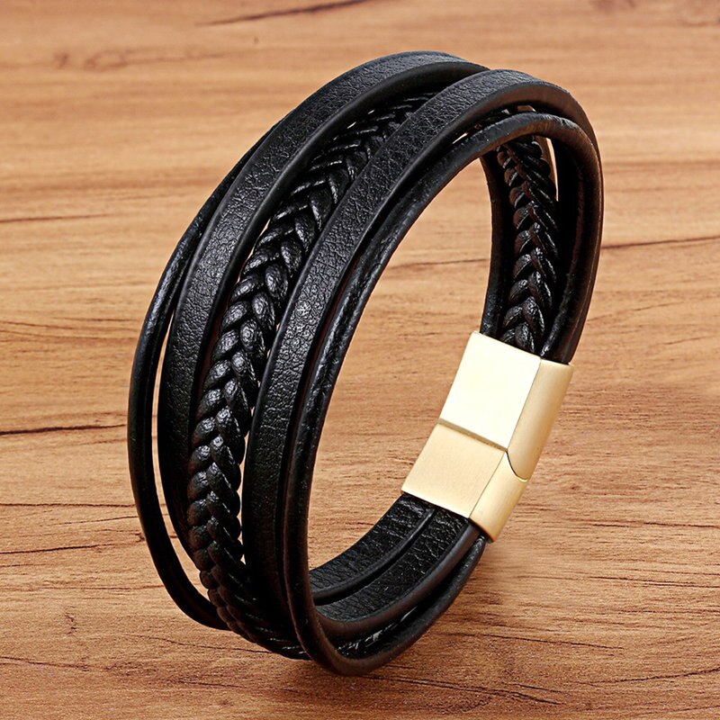 TYO Stainless Steel Top Quality Jewelry Male Black/Brwon Leather Bracelet Men Braided Multilayer Fashion Punk Wholesale