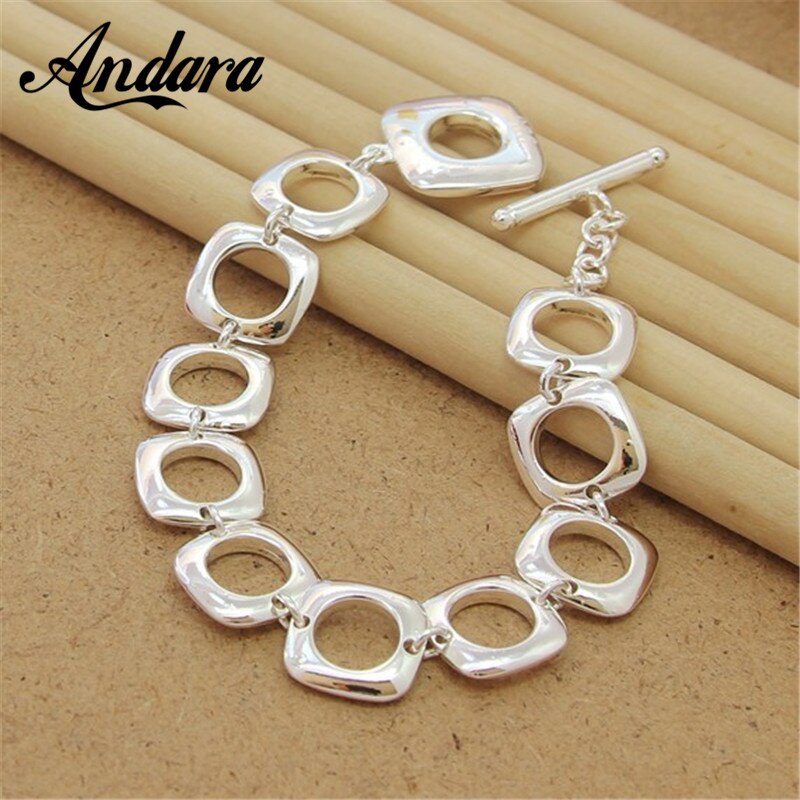 925 Sterling Silver Color  Bracelets  Square Round Cuff Bracelet Bangle Top Quality Fashion Jewelry For Women Men Y012