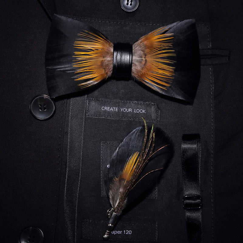 JEMYGINS Original Design Natural Brid Feather Exquisite Hand Made Bow Tie Brooch Pin Gift Box Set For Men Wedding Party Bowtie