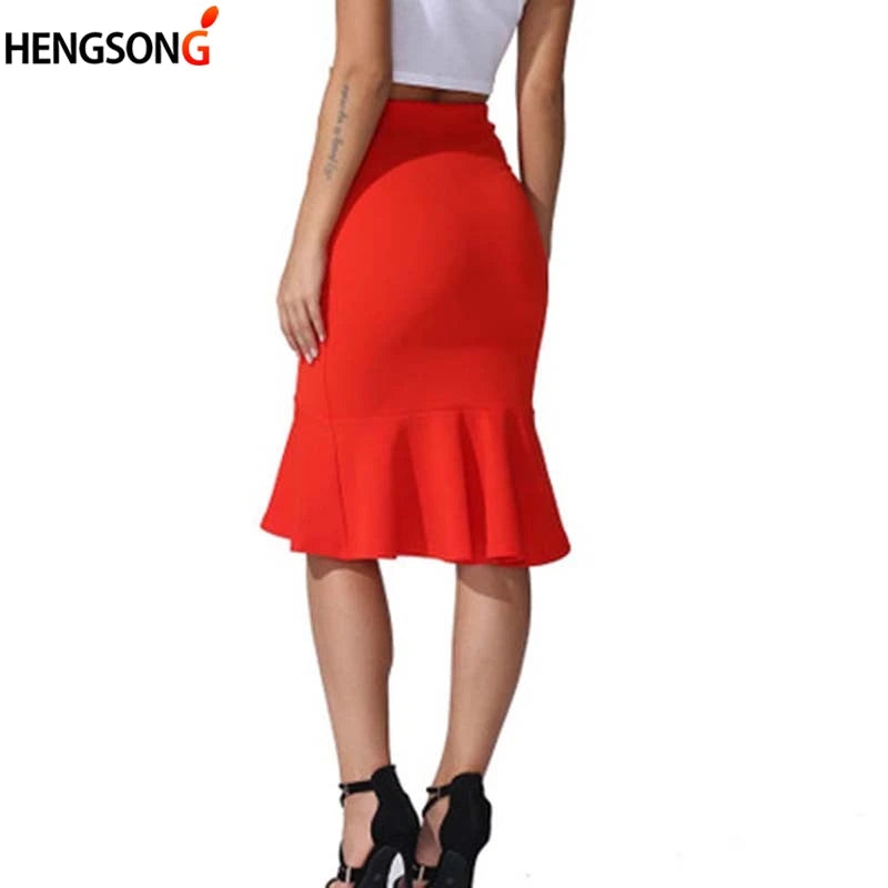 Summer Fashion Women High Waist Mermaid Skirt Solid Color Knee Length Trumpet Skirts Lady Office Wear Skirts