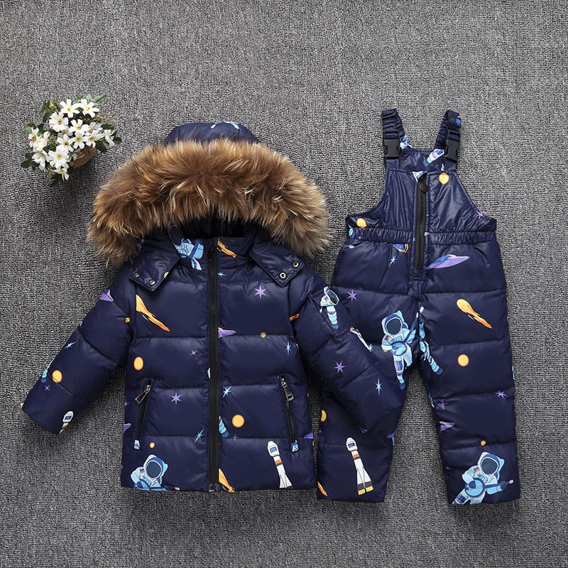 Down Real Fur Hooded Duck Down Jacket for Girls Warm Kids Snow Suit Children 2-5T Coat Snowsuit Winter Clothes Boys Clothing Set