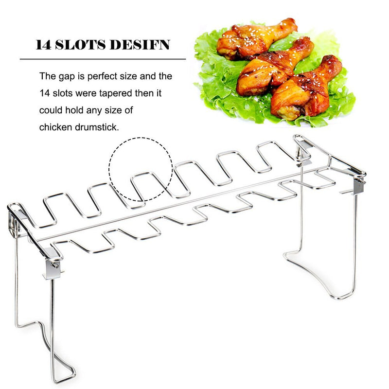 G.a HOMEFAVOR BBQ Chicken Leg Wing Grill Cooking Rack 14 Slots BBQ Poultry Chicken Leg Roaster Stainless Steel Chicken Wing Rack