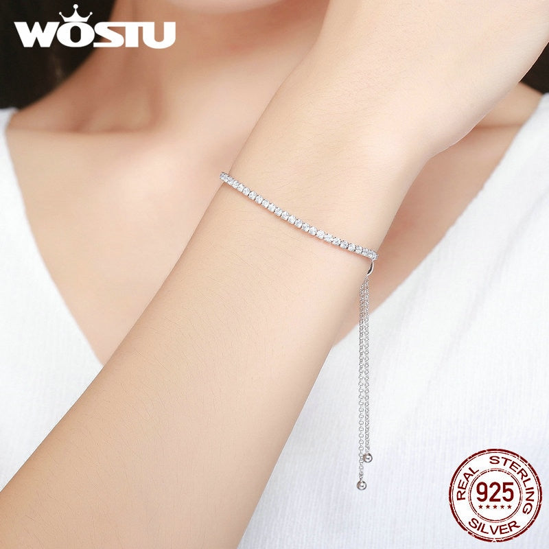 WOSTU Top Sale Real 925 Sterling Silver Sparkling Strand Chain Bracelet For Women Fine Jewelry Lucky Gift CQB029