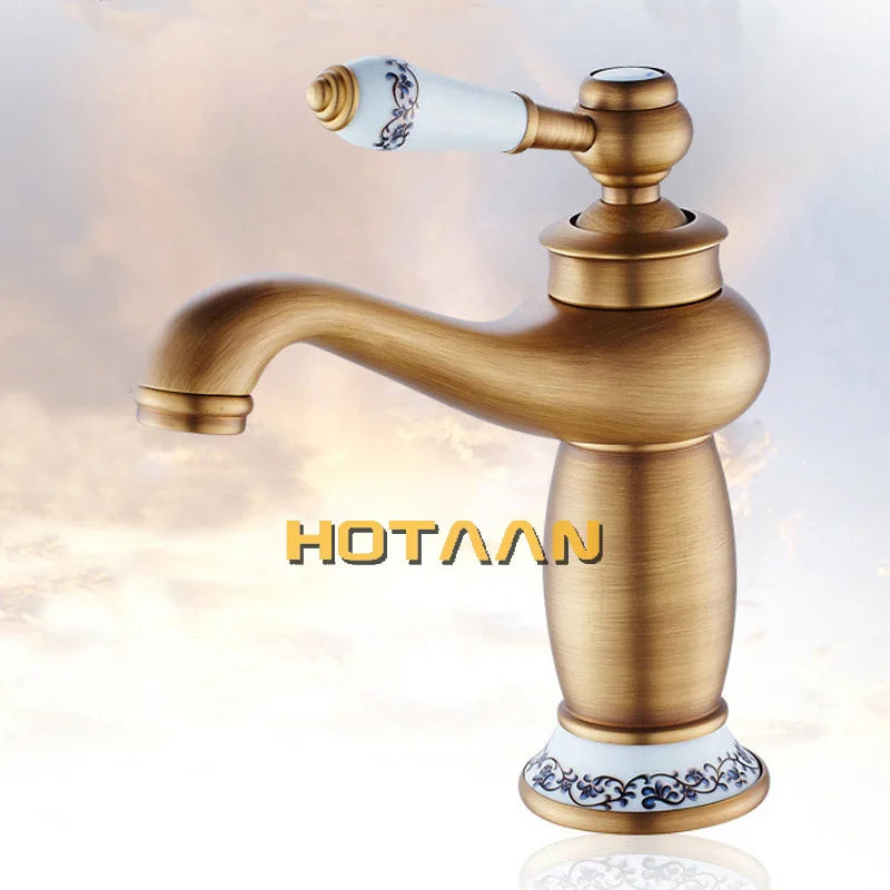 . Bathroom Faucet Antique Bronze Finish Brass Basin Sink Faucet Single Handle Mixer Hot and Cold Lavatory Water Taps