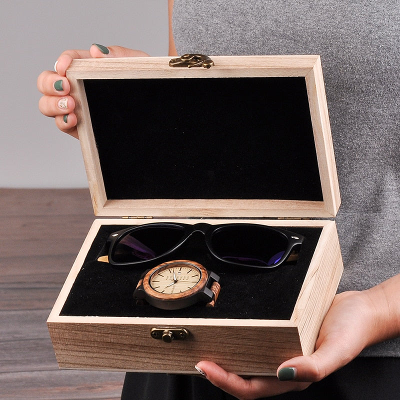 BOBO BIRD Classic Men Custom Wood Watch and Wooden Sunglasses Suit Present Box Gift Set for Dad Fathers Day