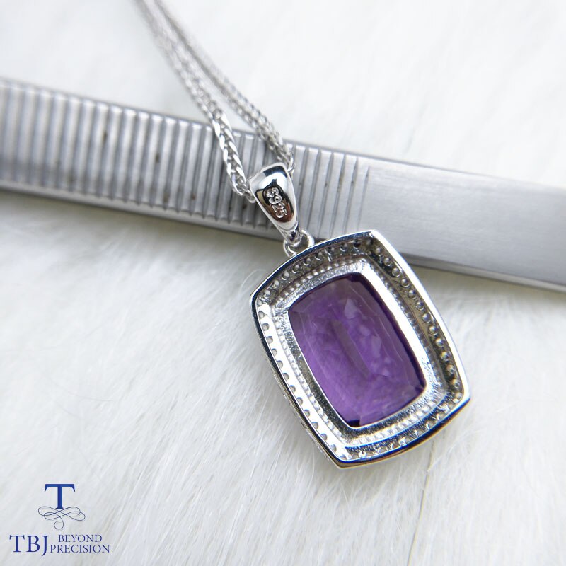 TBJ,Simple design necklace natural amethyst cushion 10*14 6ct gemstone pendant with chains in 925 silver jewelry with gift box