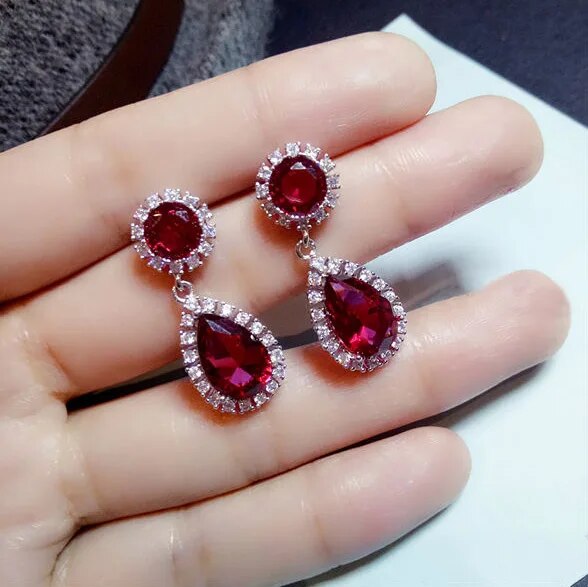 Fashion Geometric Rose Red Crystal stone Long Drop Earrings Square Oval Cubic Zirconia women Party Weddings Hanging Earrings