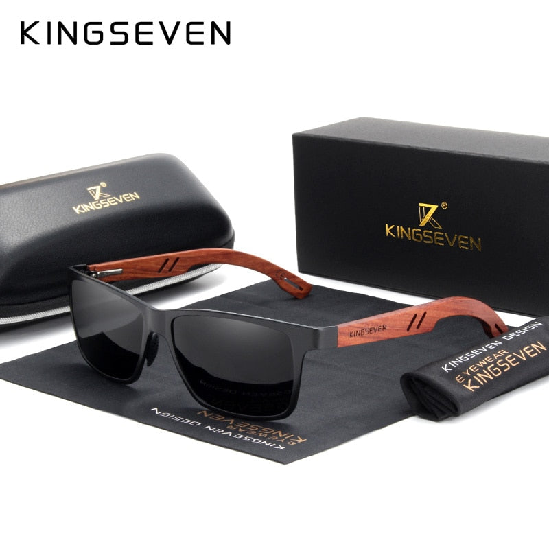 KINGSEVEN Designer Handmade Women Sunglasses Men Polarized Natural Bubinga Wooden+Aluminum Fashion Sun Glasses Square UV400