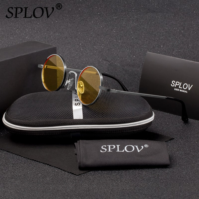 SPLOV Vintage Rap Sunglasses Men Women Steam Punk Style Hip-Hop Small Round Metal Frame Eyewear Retro Gafas De Sol With Case