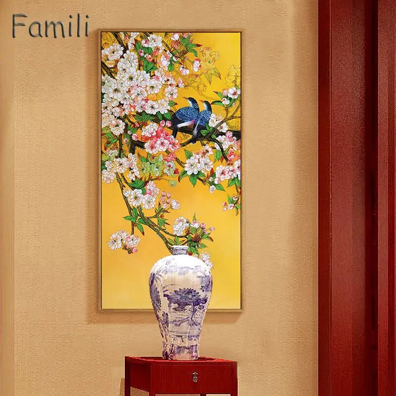 Chinese Style Bird Yellow Plant Landscape Combination Canvas Art Print Painting, Wall Picture For Living Room Home Decor