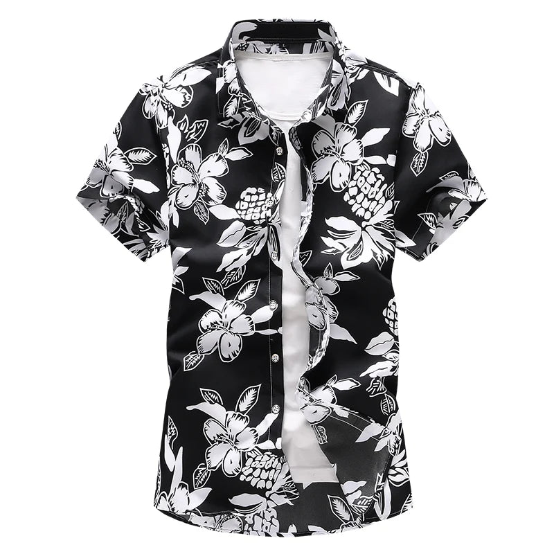 Men floral printed Slim Short sleeve shirts Summer Hawaiian vacation Party casual red blue black Shirt camisa masculina 6XL 7XL