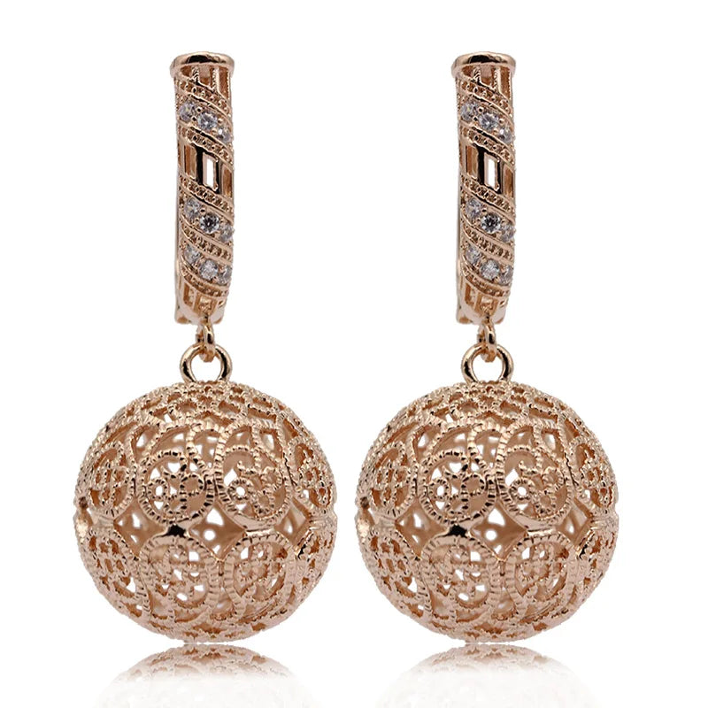 PATAYA New Big Pattern Hollow Long Earrings 585 Rose Gold Color Women Fashion Jewelry Natural Zircon Carved Unique Drop Earrings