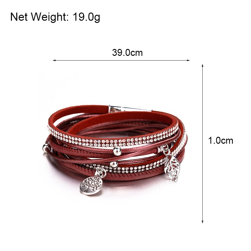 Amorcome Vinatge Tree of Life Charm Leather Bracelets for Women Boho Rhinestones Double Wrap Bracelets &amp; Bangles Female Jewelry