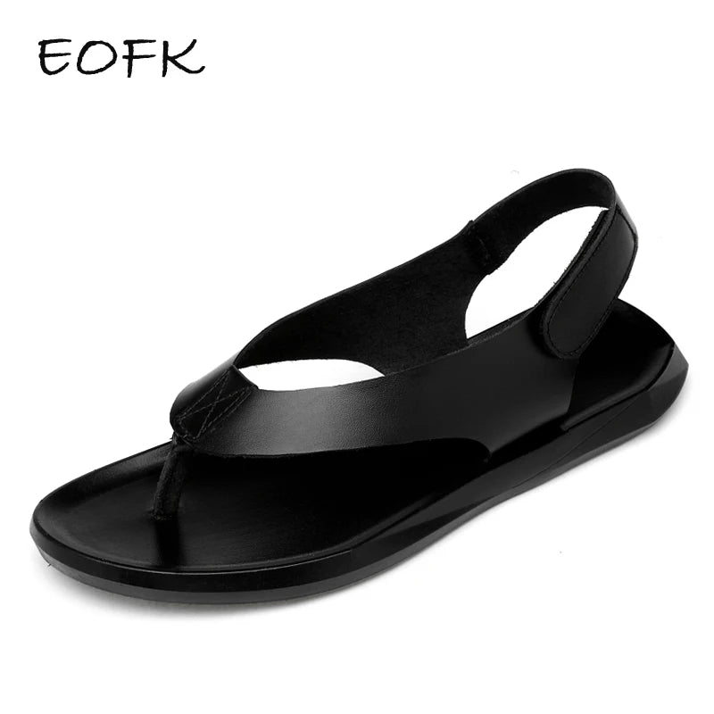 EOFK Summer Men Genuine Leather Sandals New Design Fashion Casual Black Slip on Sandals Leather Flip Flops Man Men's Flat Rubber