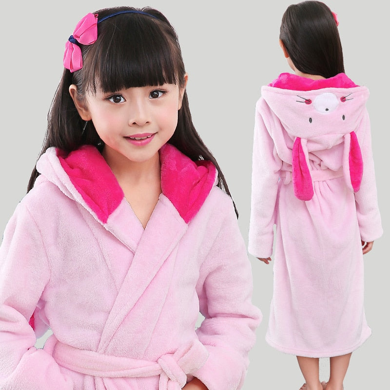 New Winter Warm Dressing Gown Kids Animal Baby Bathrobe Flannel Children Bathgrowns Bathrobes Rabbit Hooded Bath Robe for Girls