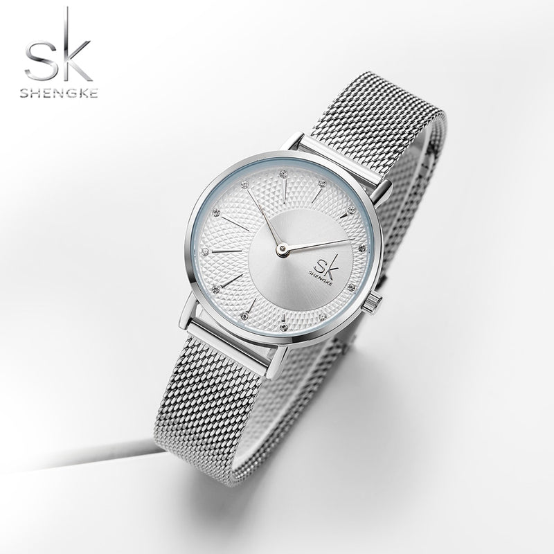 Shengke Women Silver Quartz Watch for Female Top Luxury Brand Quartz Watch Women's Mesh Band Fashion Reloj Mujer 2022 New Clock