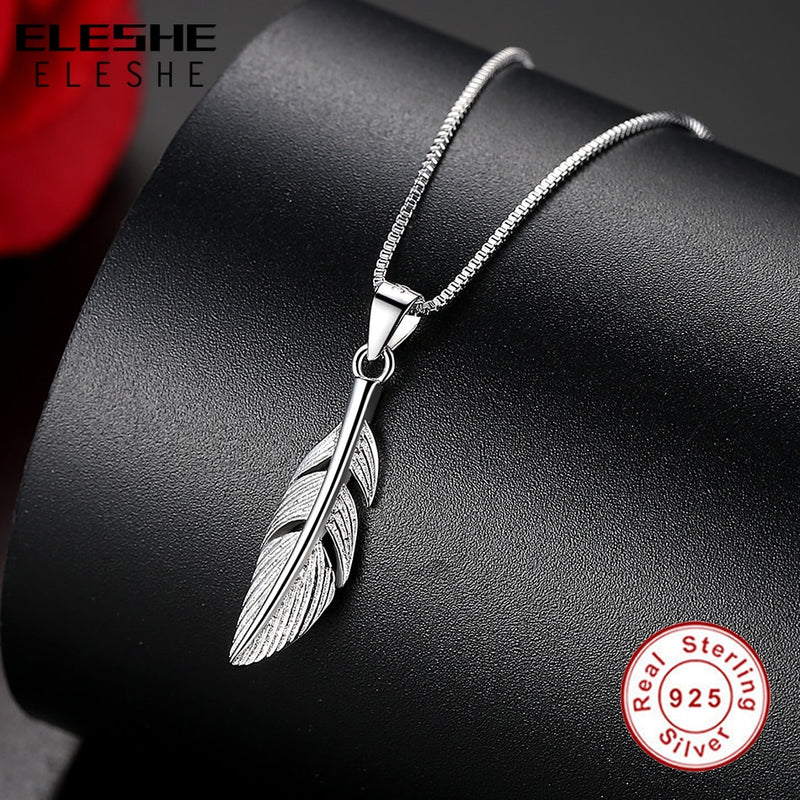 ELESHE  925 Sterling Silver Feather Necklace For Women Necklaces Pendants Fashion Chain Necklace Women Accessories Jewelry