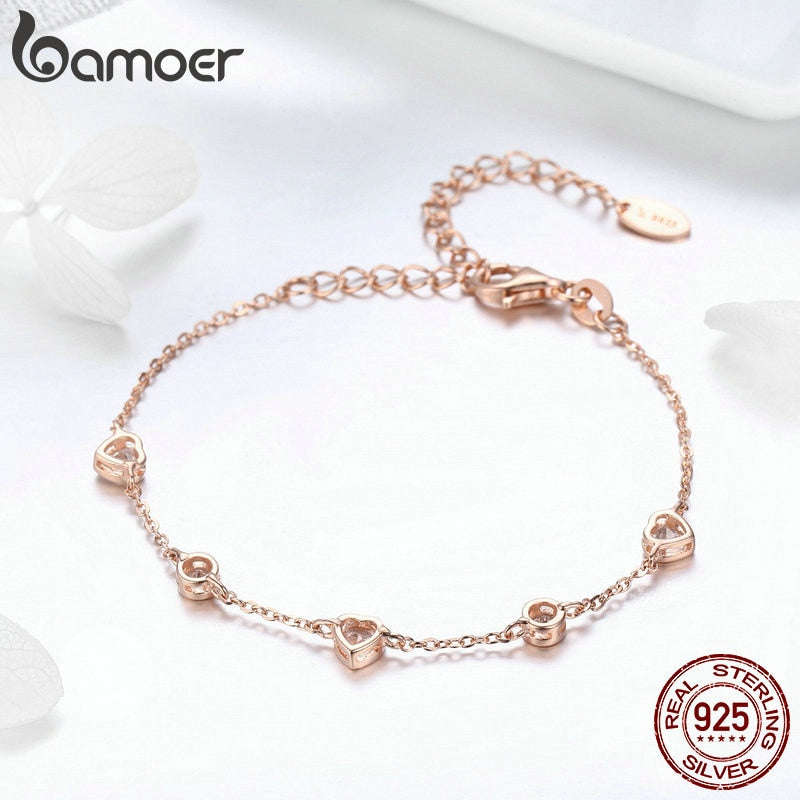 BAMOER Classic 925 Sterling Silver Heart Gold Color Women Bracelets Chain Lobster Clasp Bracelet Sterling Silver Jewelry SCB097