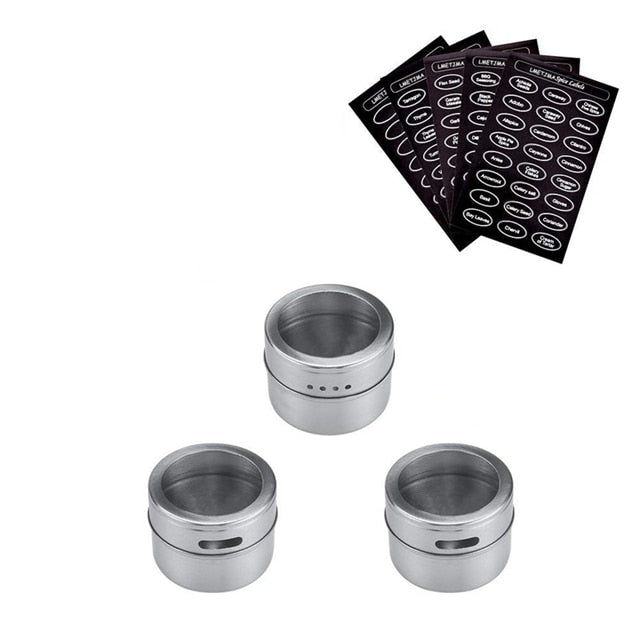 LMETJMA Magnetic Spice Jar Set With Stickers Stainless Steel Spice Tins Spice Storage Container Pepper Seasoning Sprays Tools