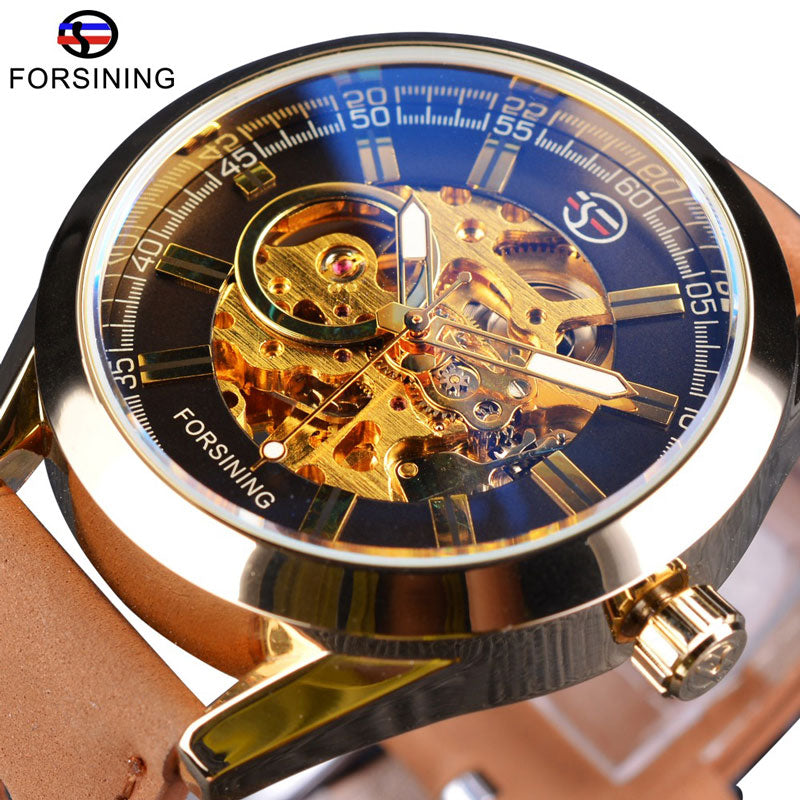 Forsining Blue Light Glass Mens Casual Sport Watch Leather Military Automatic Men Mechanical Wrist Watch Skeleton Luminous Clock