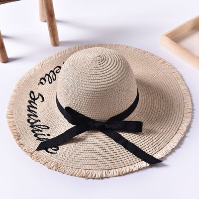 Handmade Weave letter Sun Hats For Women Black Ribbon Lace Up Large Brim Straw Hat Outdoor Beach hat Summer Caps Chapeu Feminino