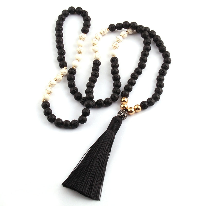 Free Shipping Fashion Black Lava Stones Bohemian Tribal Jewelry Long Black Tassel Necklace For Women