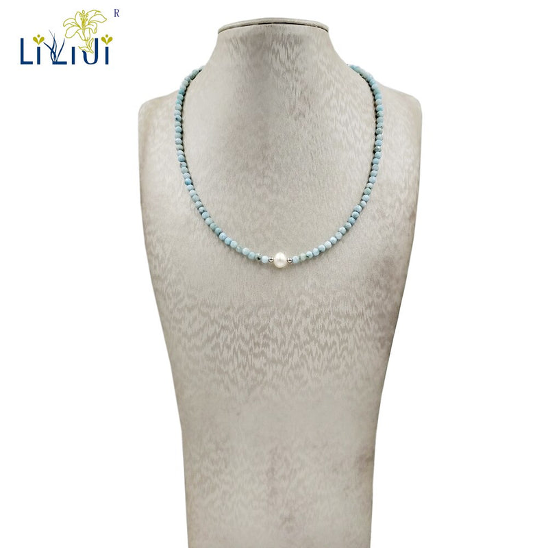 LiiJi Unique  Blue Larimar 2mm/3-4mm Freshwater Pearl 925 Sterling Silver Choker Necklace