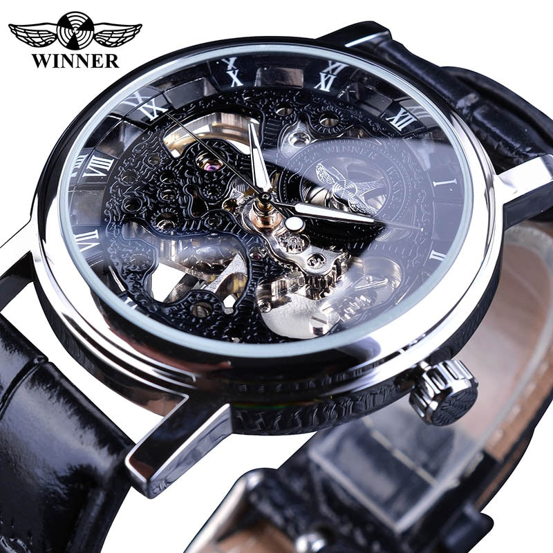 Winner Transparent Golden Case Luxury Casual Design Brown Leather Strap Mens Watches Top Brand Luxury Mechanical Skeleton Watch