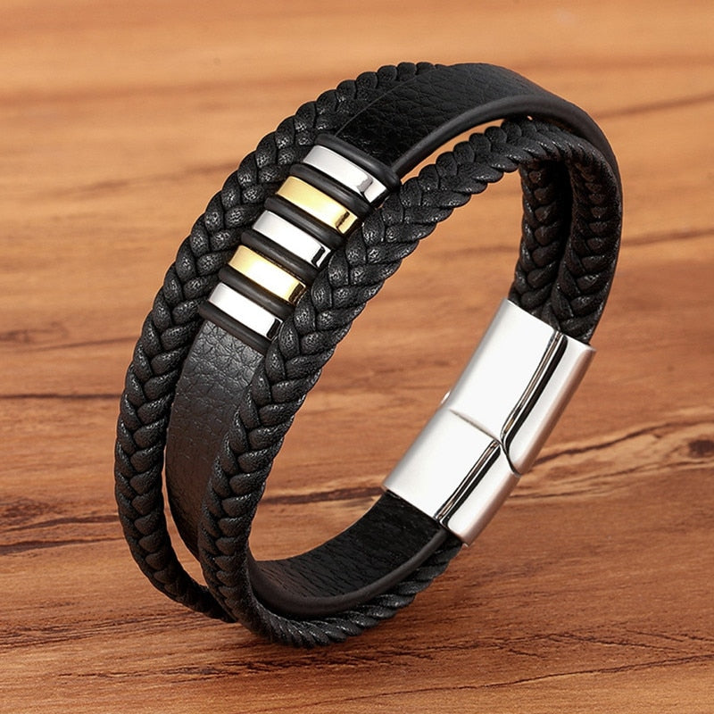 TYO High Quality Stainless Steel Charm Stackable Layered Bracelet Leather Genuine Braided Black Bracelet for Men&