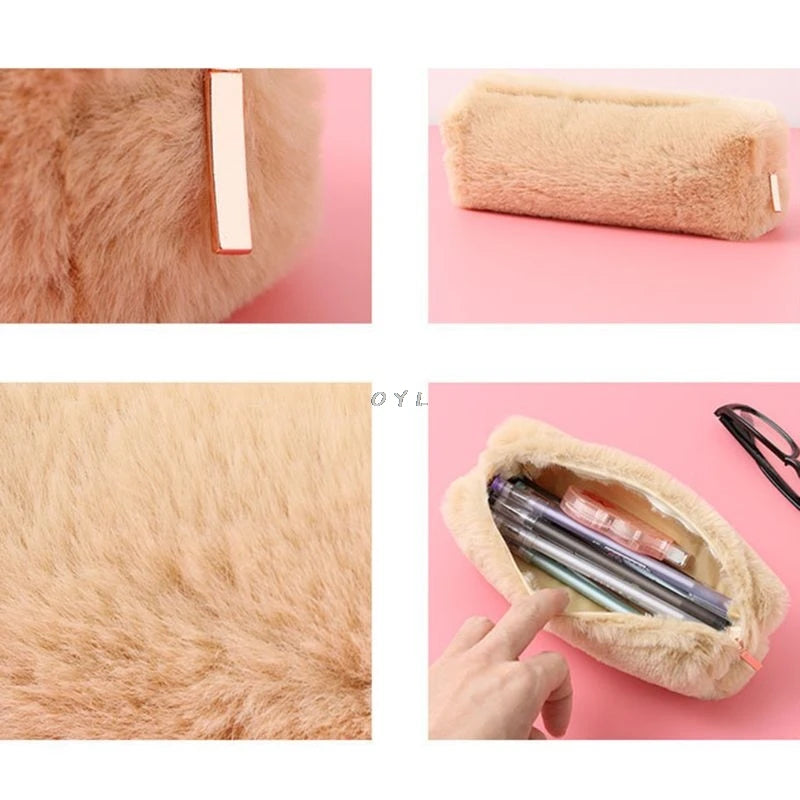 Solid Color Plush Pencil Case School Pencil Cases Bag Stationery For Girls School Supplies Tools