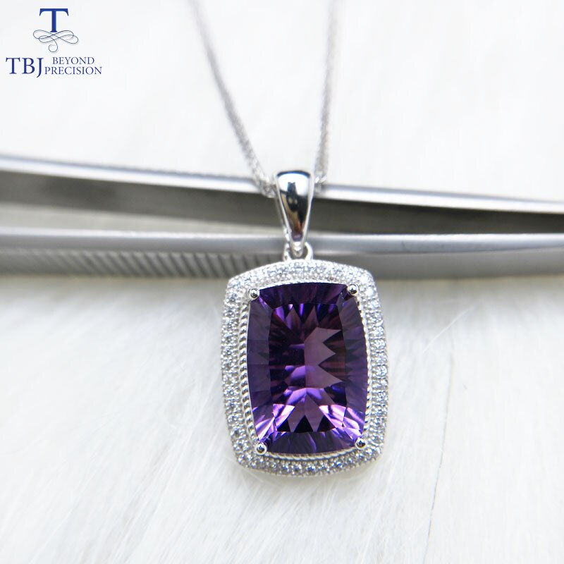 TBJ,Simple design necklace natural amethyst cushion 10*14 6ct gemstone pendant with chains in 925 silver jewelry with gift box