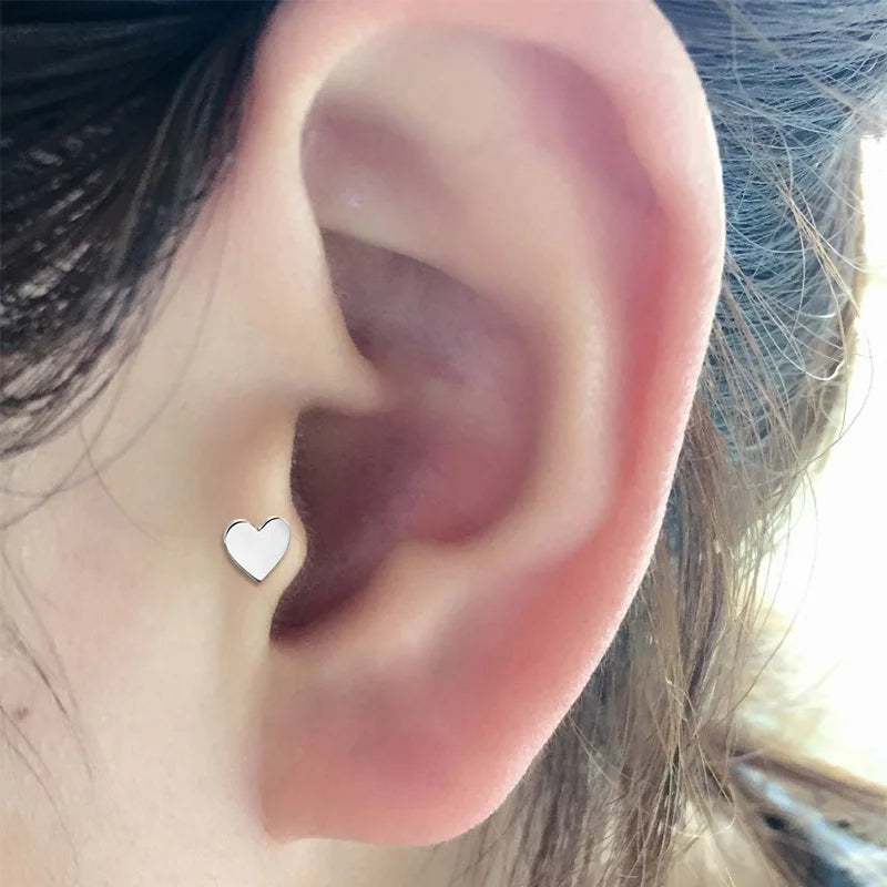 2Pcs Women stainless steel Heart Shape Love Screw Stud Earrings Piercing Jewelry Tragus Earrings Cartilage Helix Ear Bone Nail