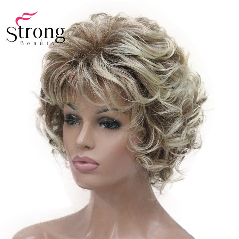 StrongBeauty Short Wig Soft Tousled Curls Blonde Highlights Full Synthetic Wigs COLOUR CHOICES