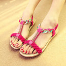 Women Sandals Summer Flat Heel Bohemian Sandals 2019 New Rhinestone Mixed Color Ladies Elastic Band Open Toes Beach Shoes