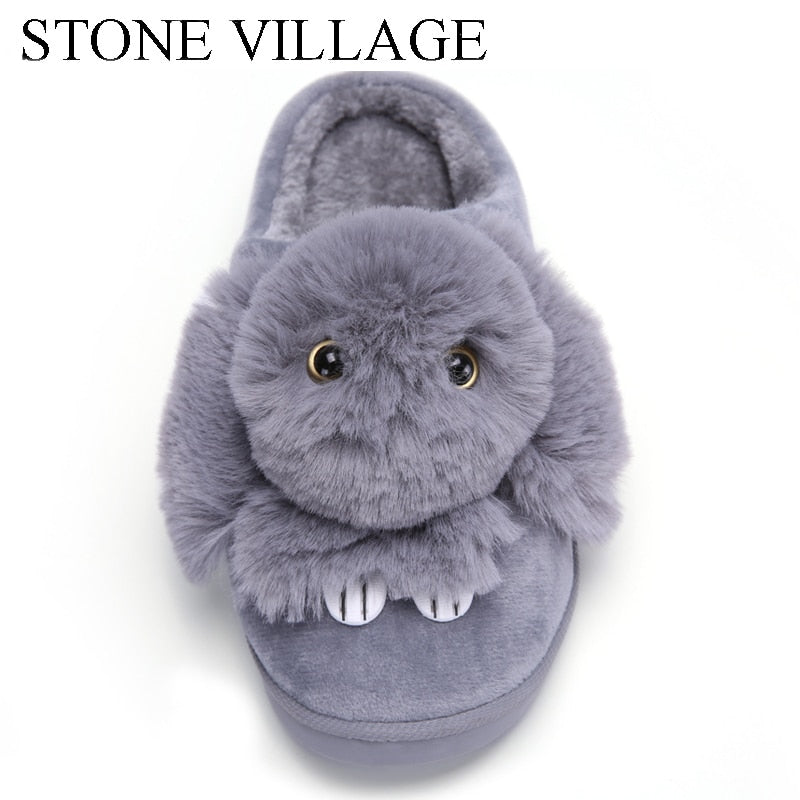 High Quality Women Slippers Lovely Rabbit Animal Prints Solid Flat Indoor Shoes Winter Plush Warm Home Slippers Size 36-43