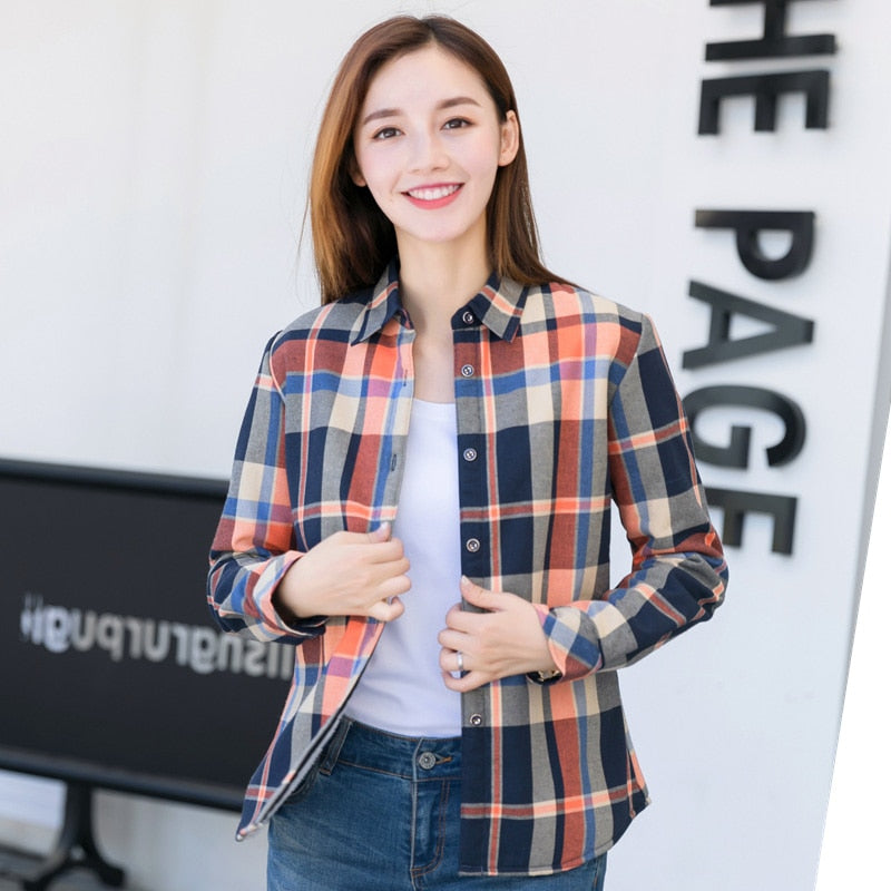 2022 Spring New Fashion Casual Lapel Plus Size Blouses Women Plaid Shirt Checks Flannel Shirts Female Long Sleeve Tops Blouse